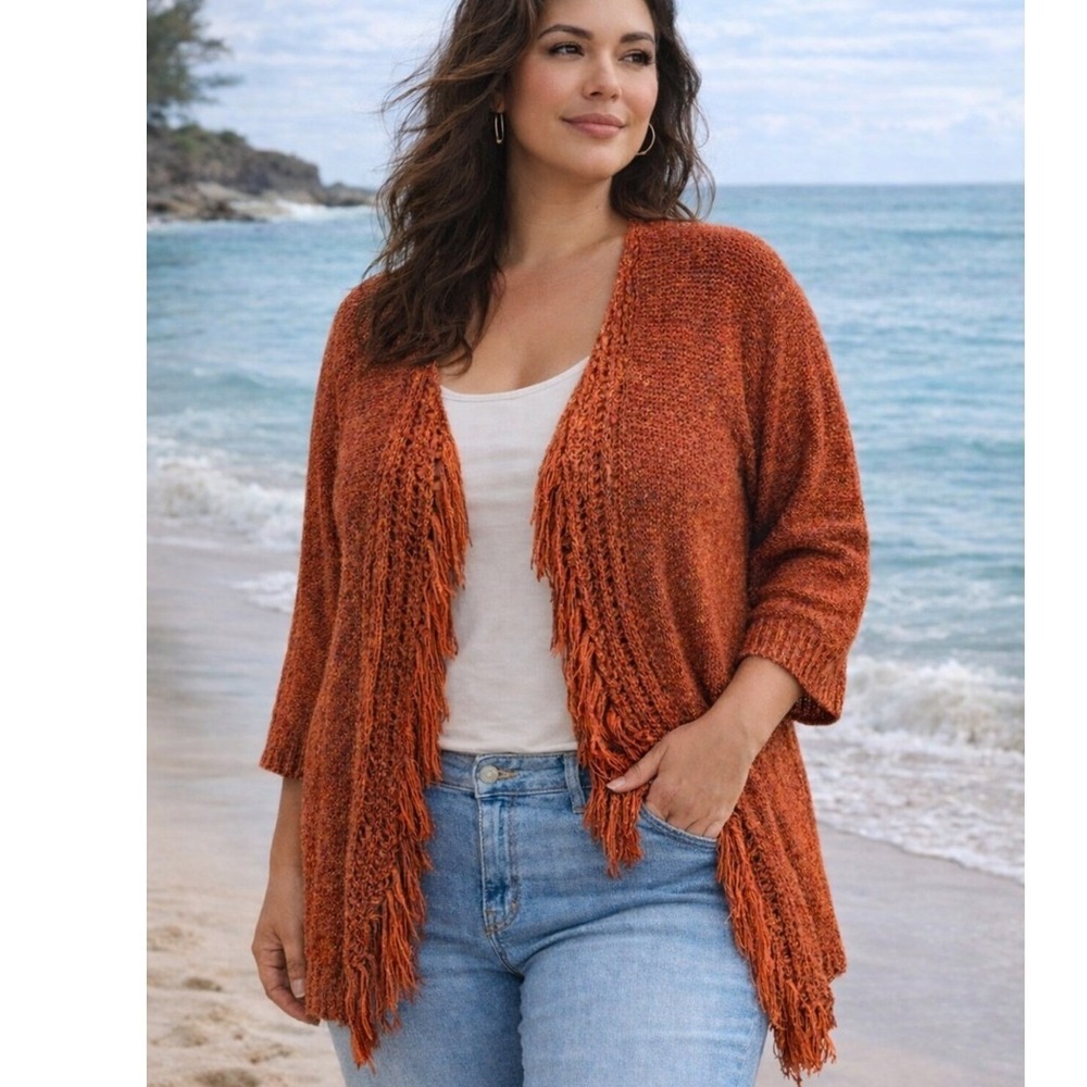 Ruby Rd Boho Fringe Cardigan Open Knit Marled Rust Orange Lightweight - XL